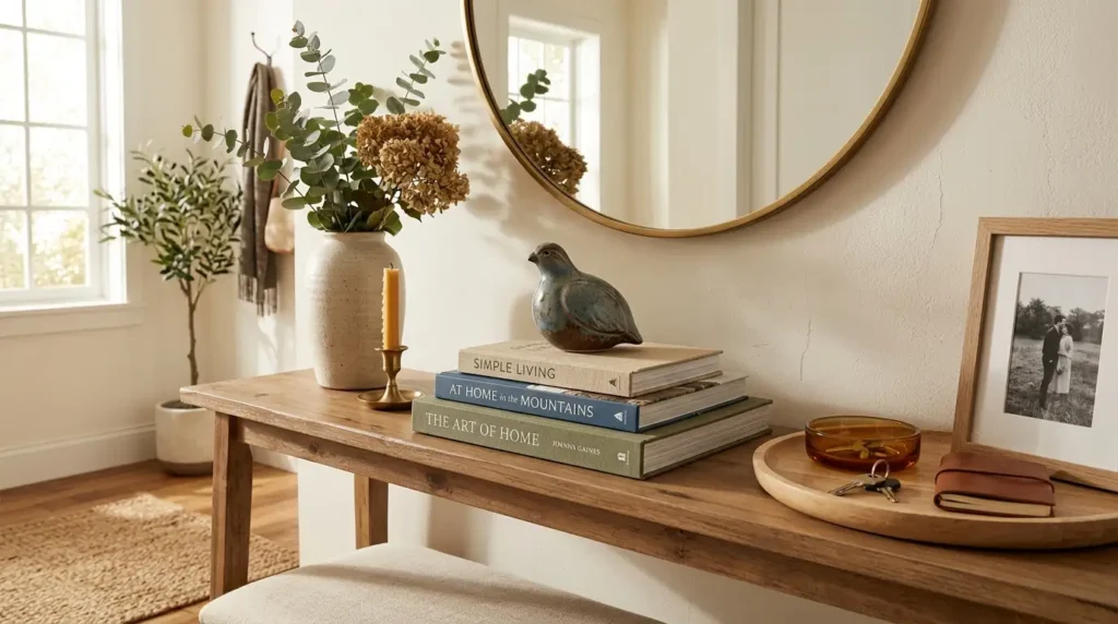 Entryway table books stacked