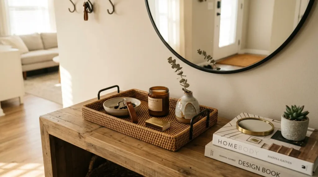 Entryway table tray organization