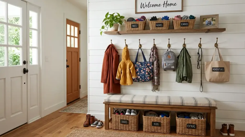Entryway wall hooks coats bags