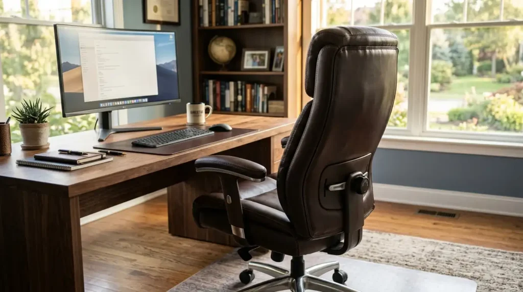 Executive chair behind wooden desk