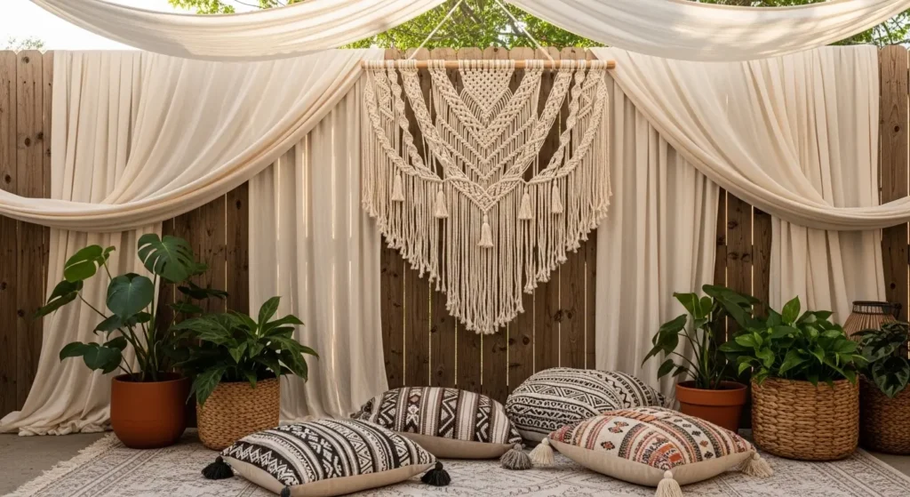 Fabric draping back patio fence