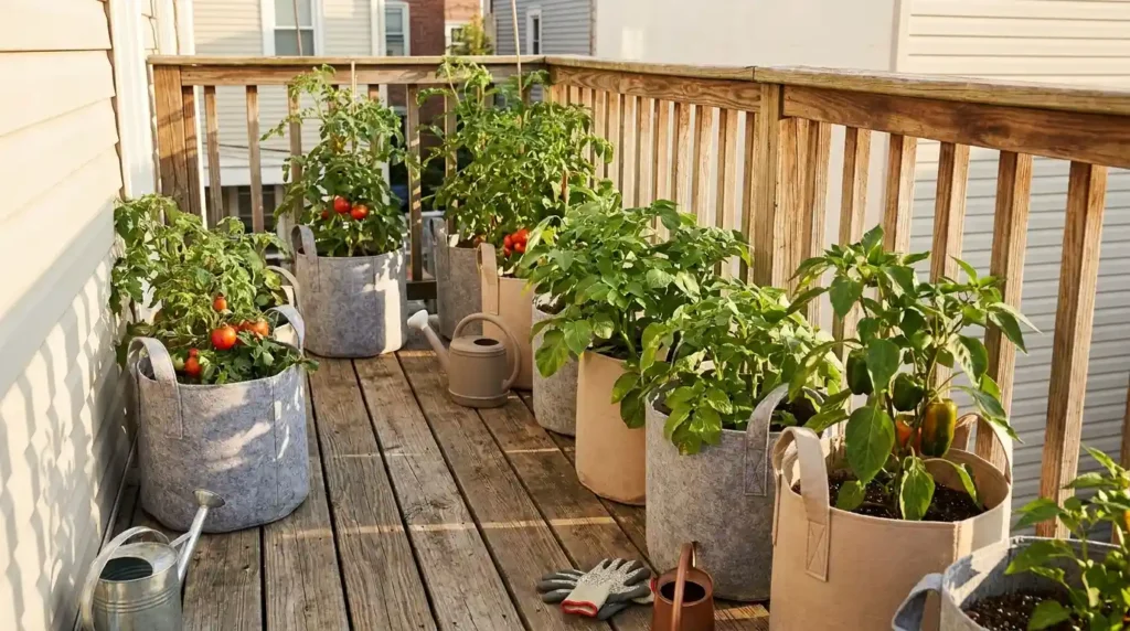 Fabric grow bags with plants