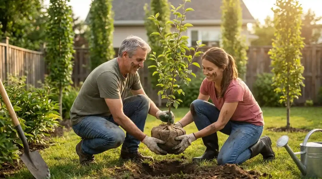 Father and child planting tree