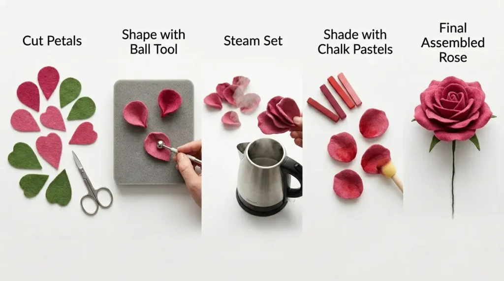 Felt rose making process overview