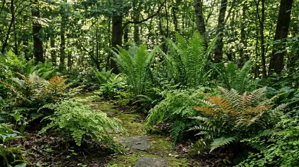 Ferns in woodland shade garden
