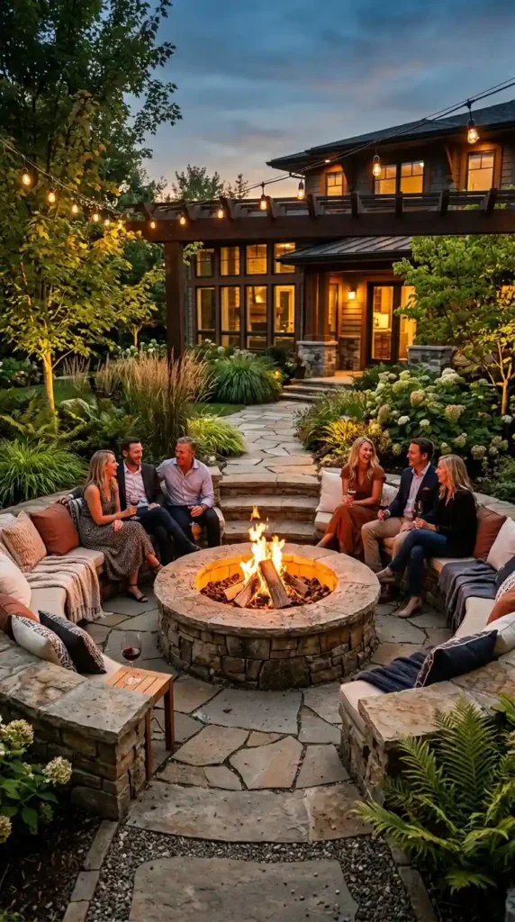 Fire pit seating in backyard
