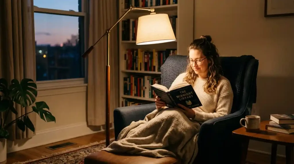 Floor lamp illuminating open book