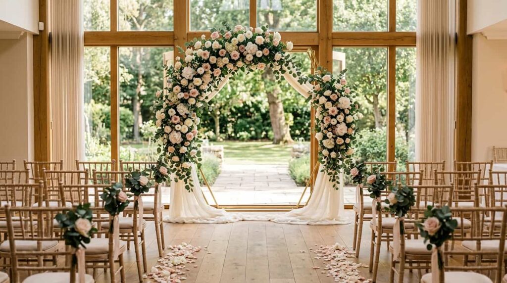Floral arch wedding ceremony decor