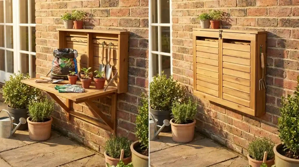 Folding potting bench in use