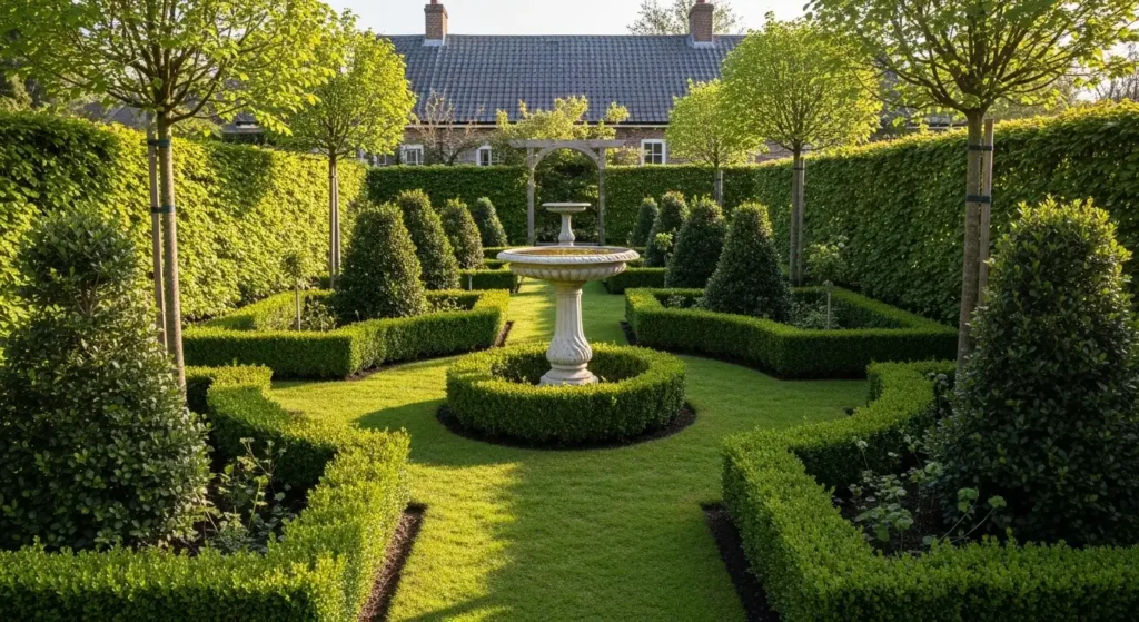 Formal garden centered bird bath