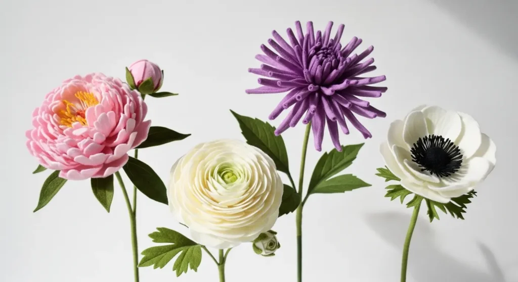 Four felt flower types displayed