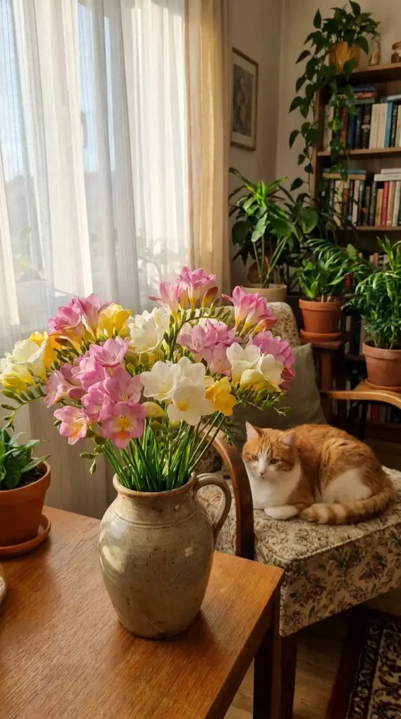 Freesia bouquet with cat