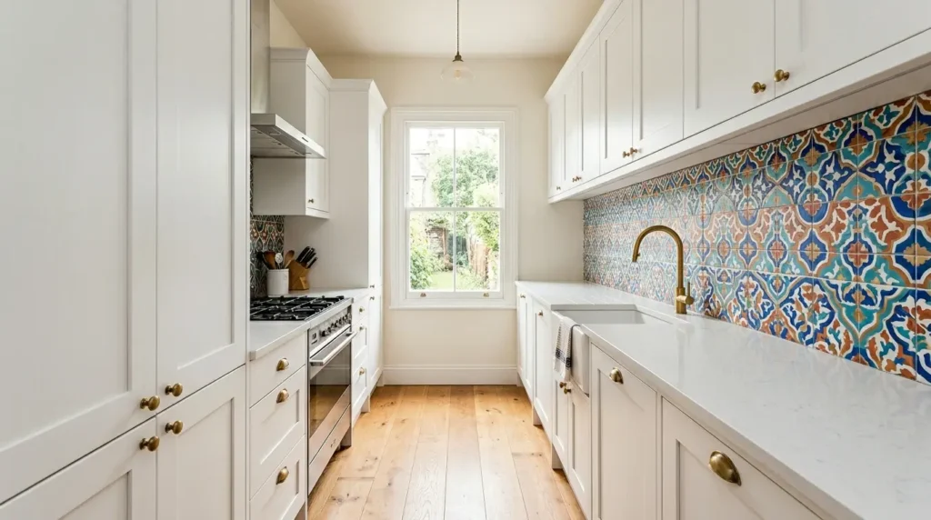 Galley kitchen bold backsplash