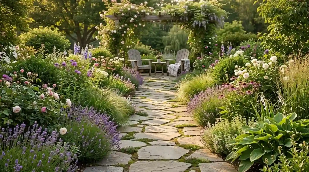 Garden path through planted borders