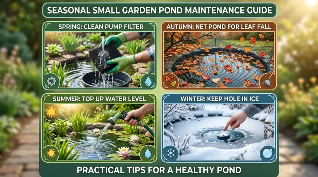Garden pond maintenance tasks shown