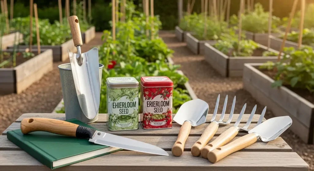 Gardening tools on potting bench