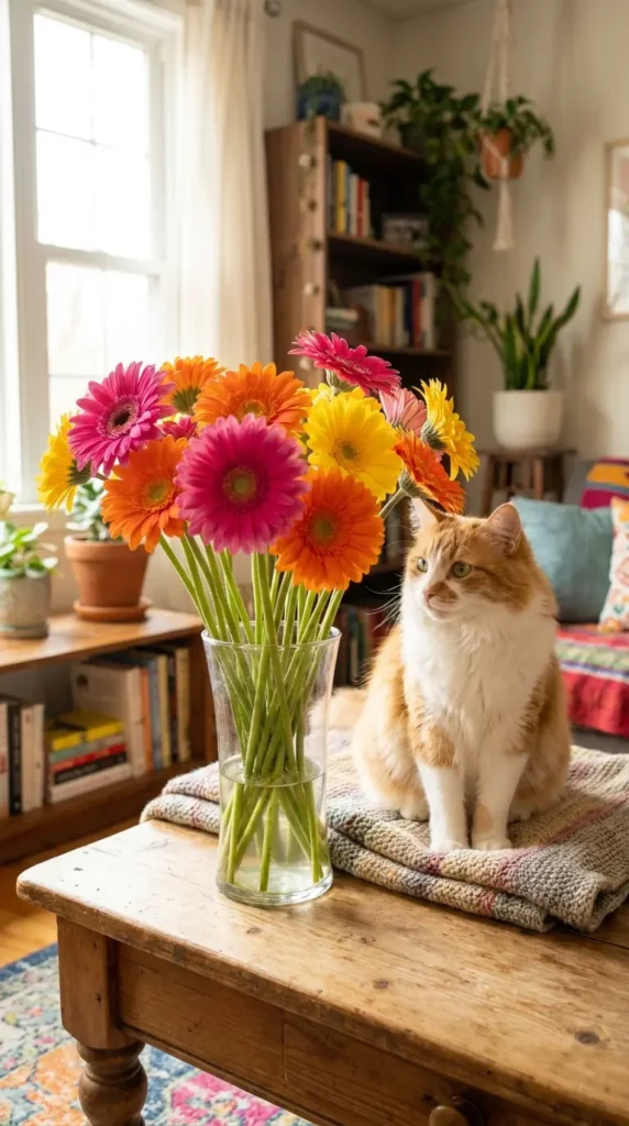 Gerbera daisies and cat
