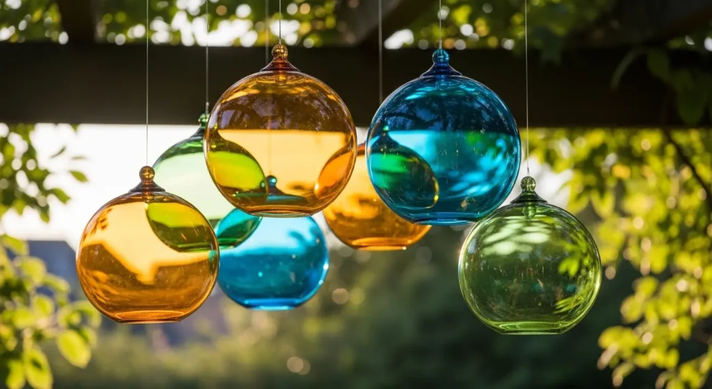 Glass garden orbs hanging tree