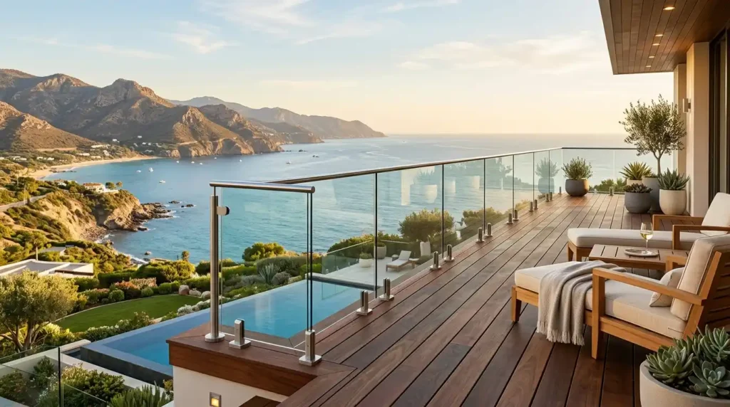Glass panel railing luxury deck
