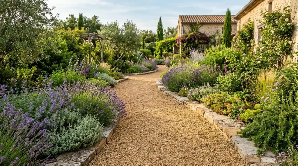 Gravel garden path edged borders