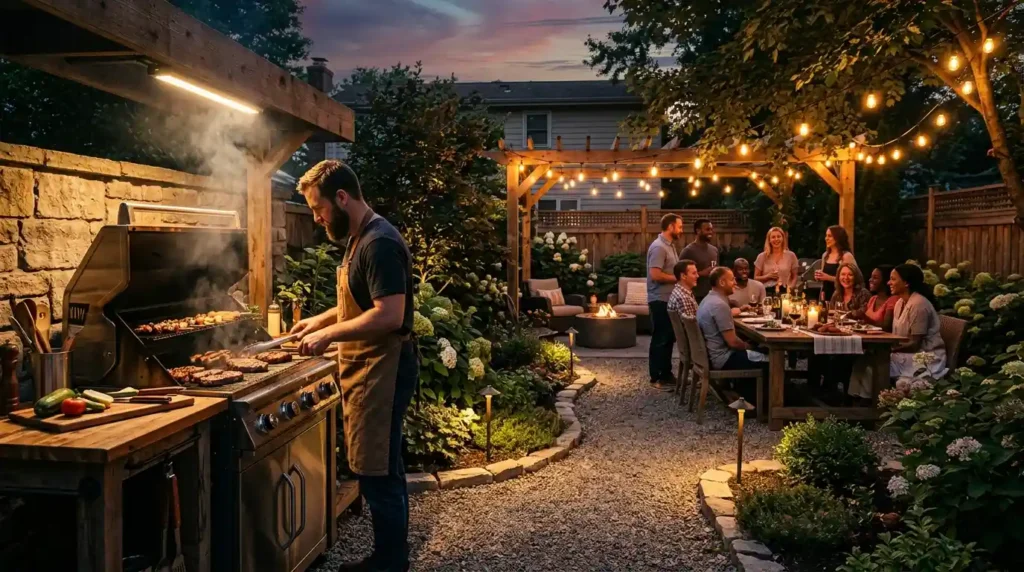 Grilling station lit at dusk
