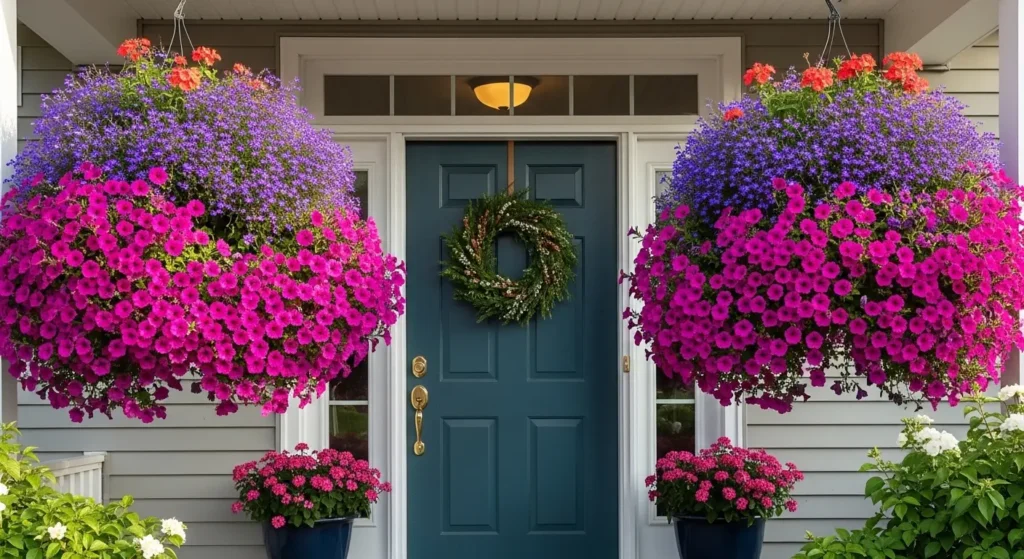 Hanging baskets frame front door