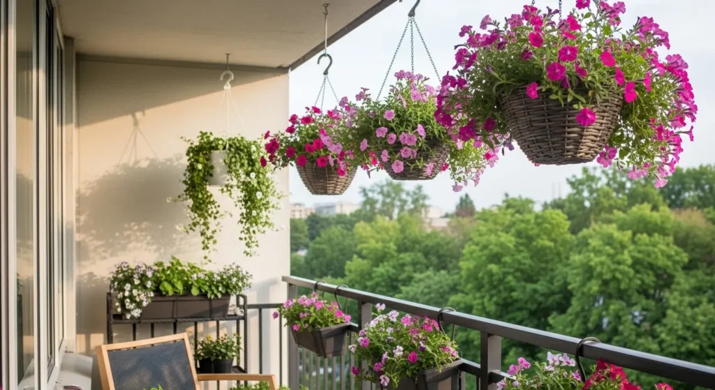 Hanging baskets on balcony
