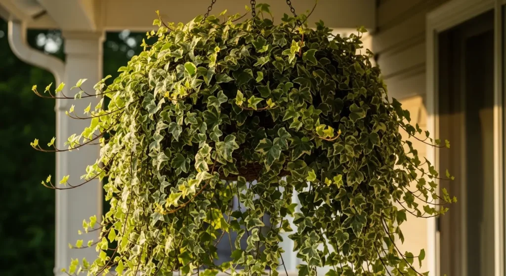 Hanging ivy basket on porch