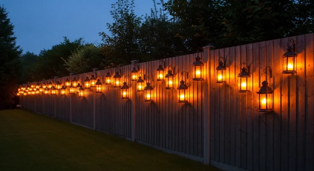 Hanging lanterns on garden fence