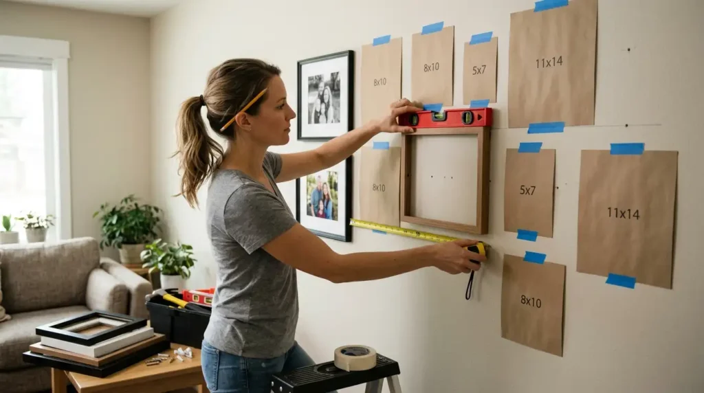 Hanging photo frame with level