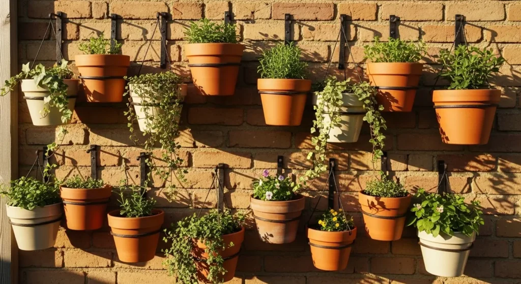 Hanging pots on garden wall