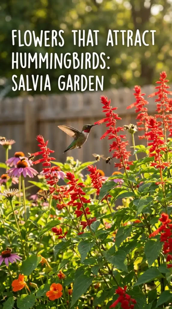 Hummingbird hovering near salvia