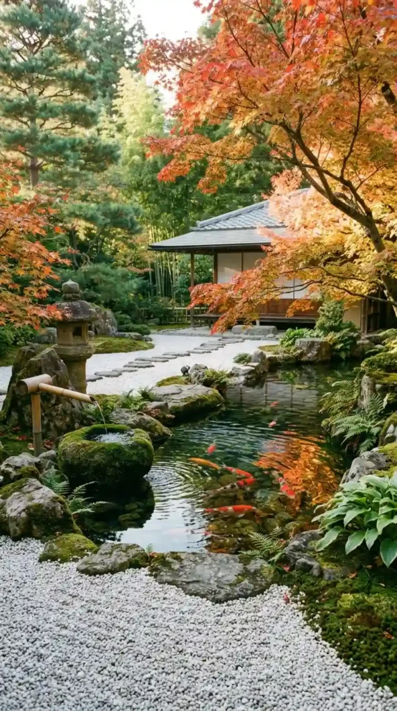 Japanese garden koi pond bamboo