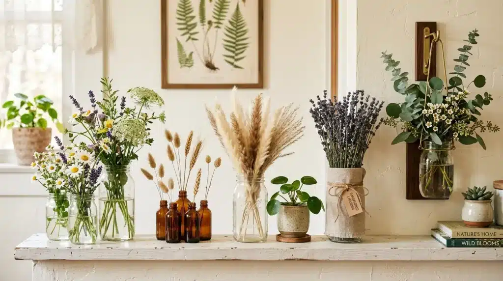 Jar flower shelf decor arrangements