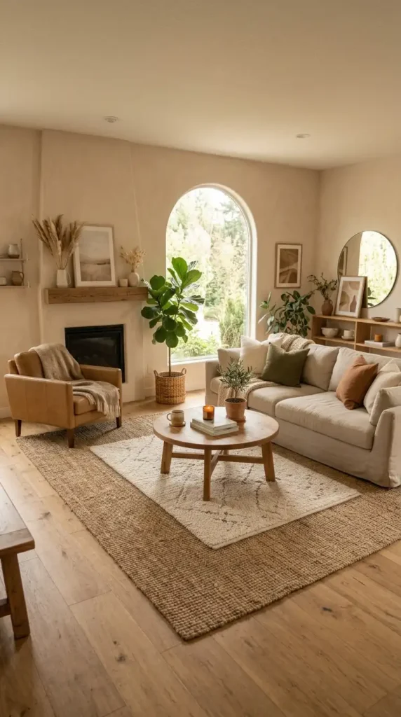 Jute rug anchors living room