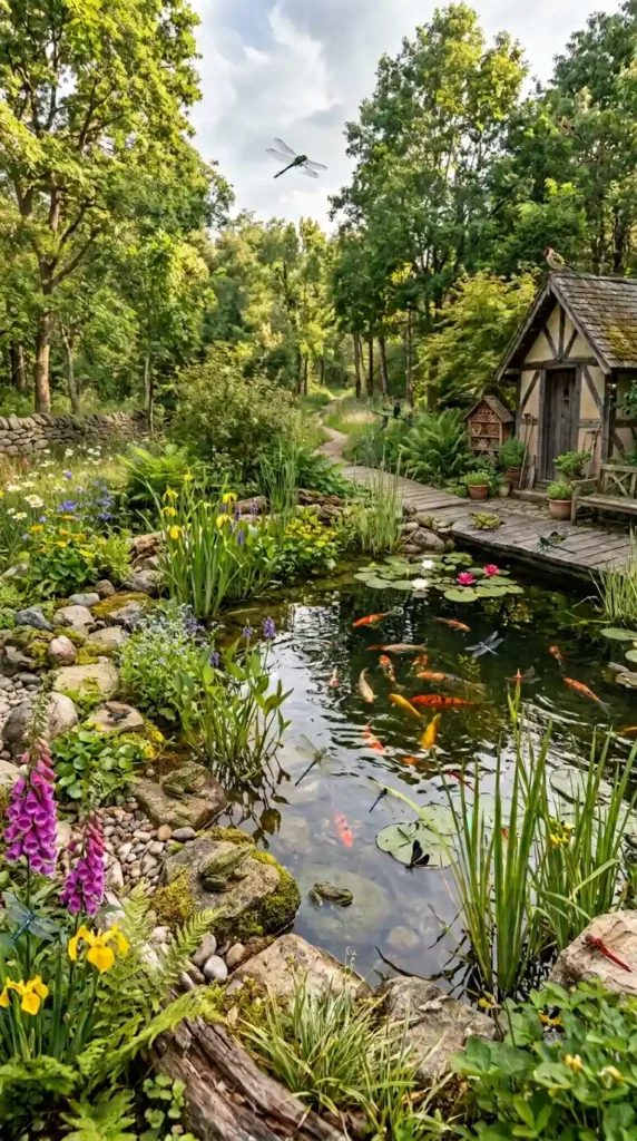 Koi pond habitat with wildlife