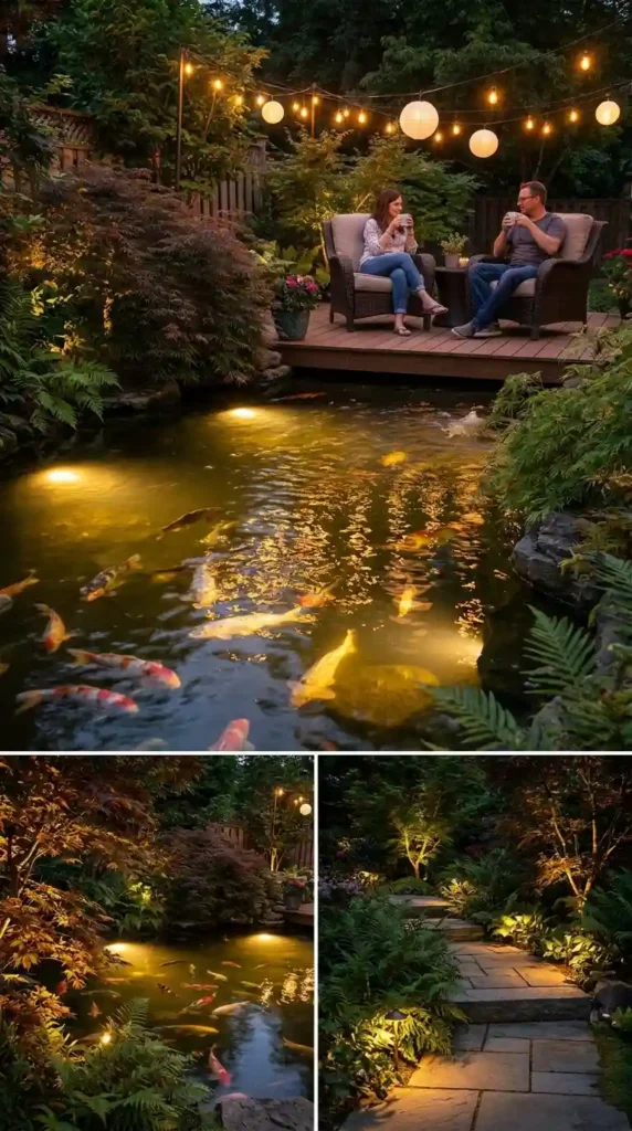Koi pond illuminated at night