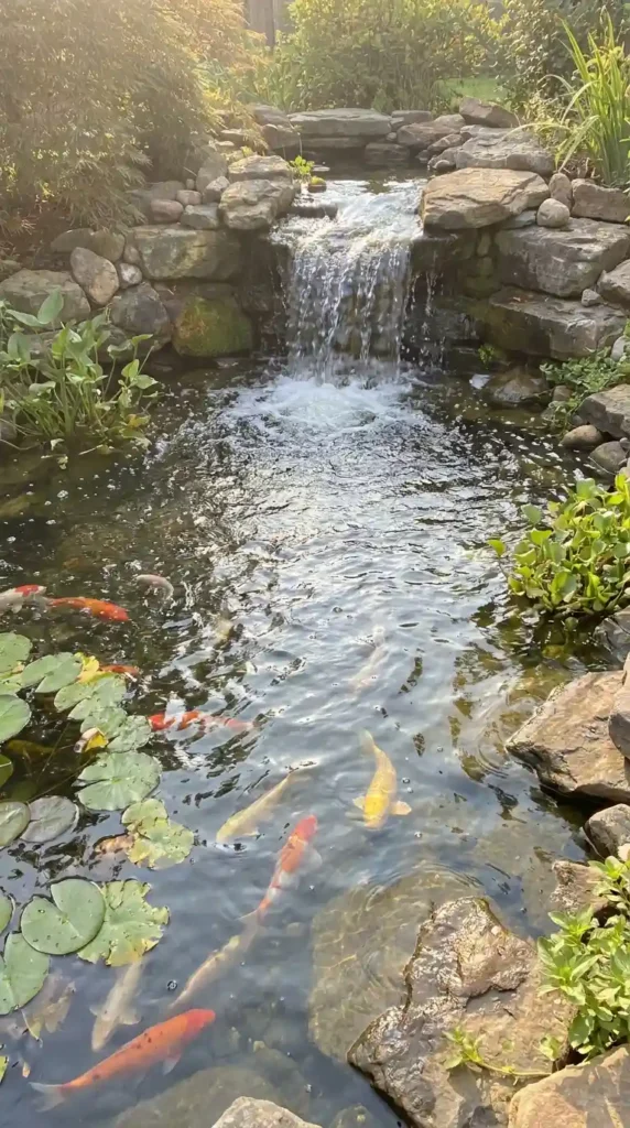 Koi pond waterfall with koi