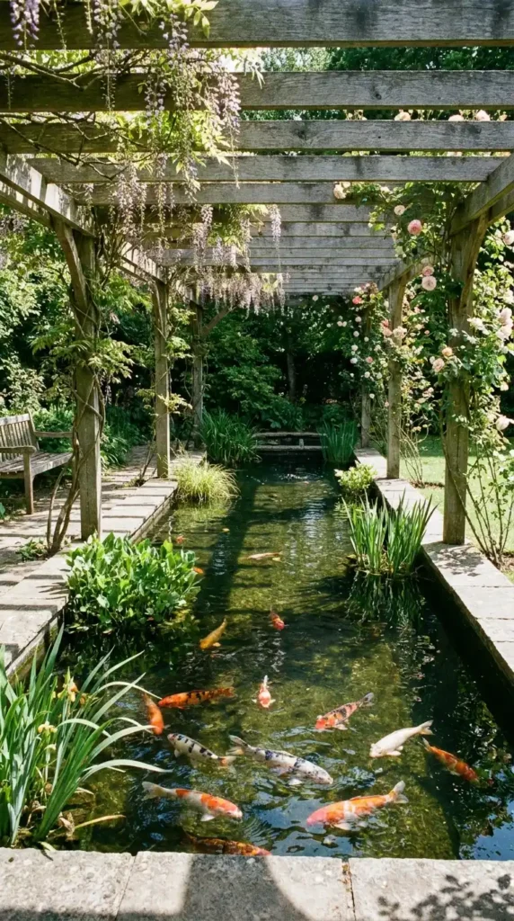 Koi pond with pergola shade