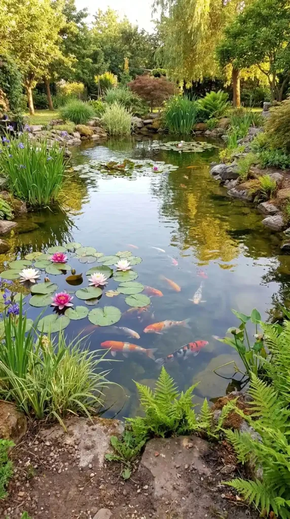 Koi pond with water lilies
