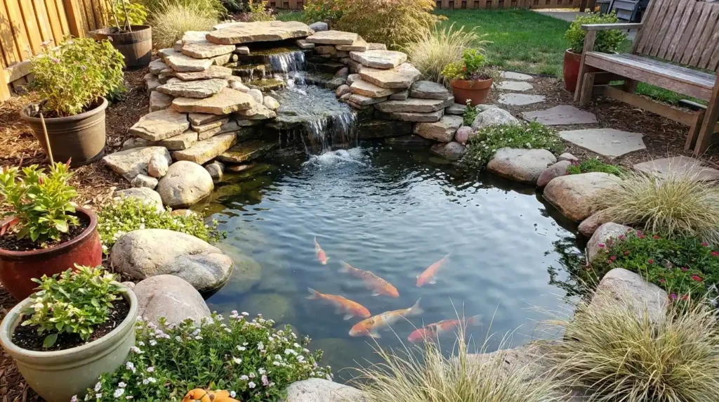 Koi pond with waterfall feature