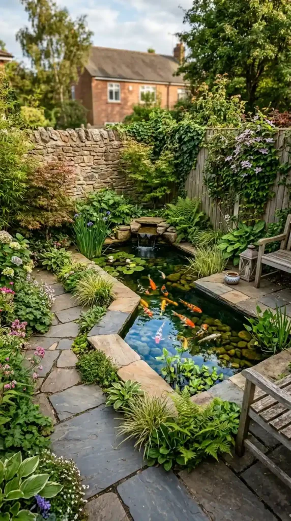L-shaped koi pond garden