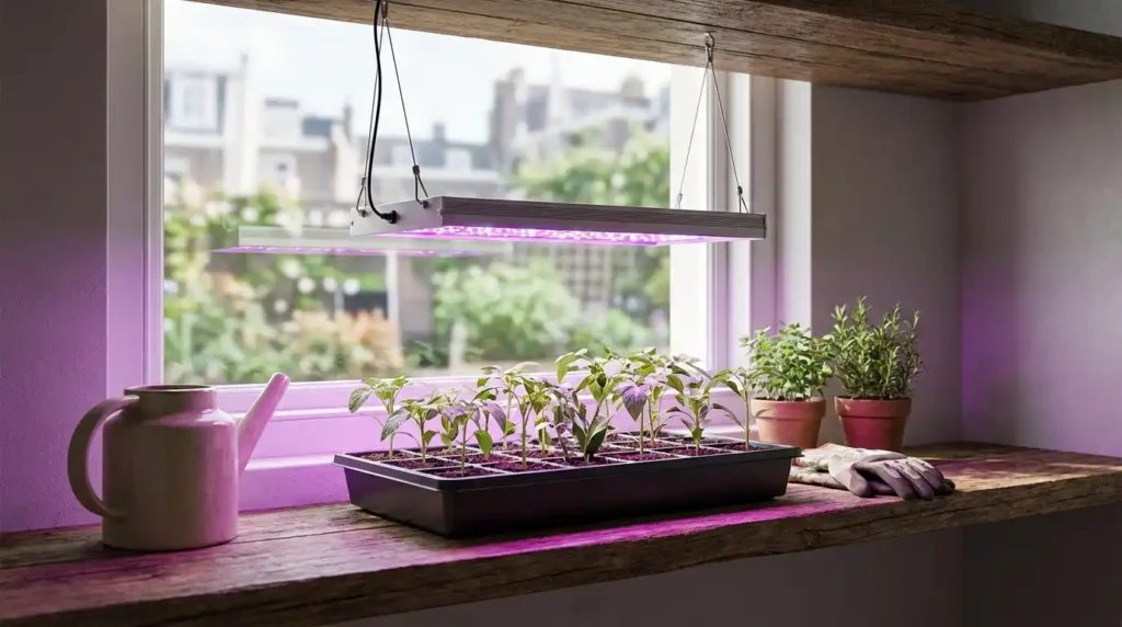 LED grow light over seedlings