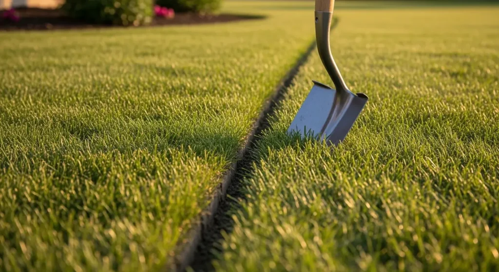 Lawn edging separating flower bed