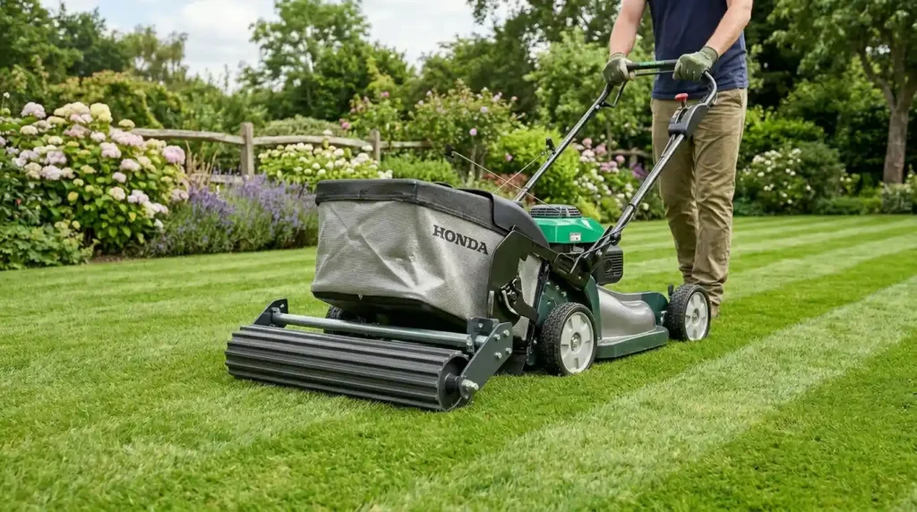 Lawn mower with roller attachment