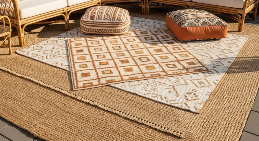 Layered outdoor rugs boho patio
