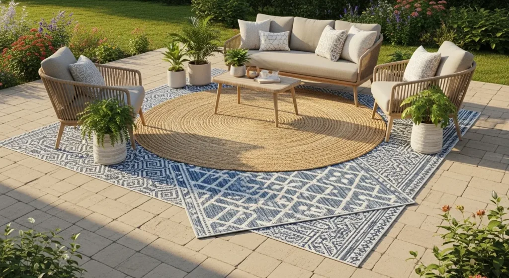 Layered outdoor rugs on patio