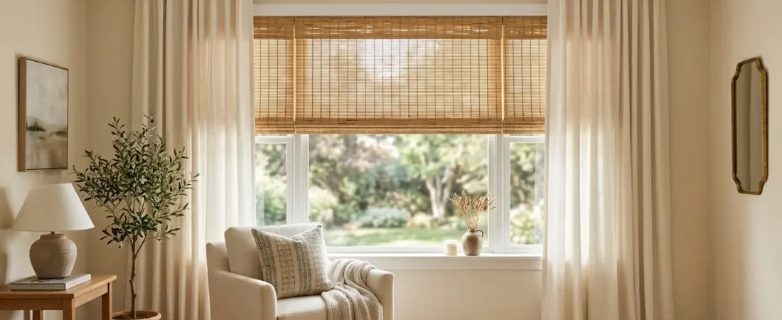 How To Layer Woven Wood Shades and Linen Drapes Like a Designer