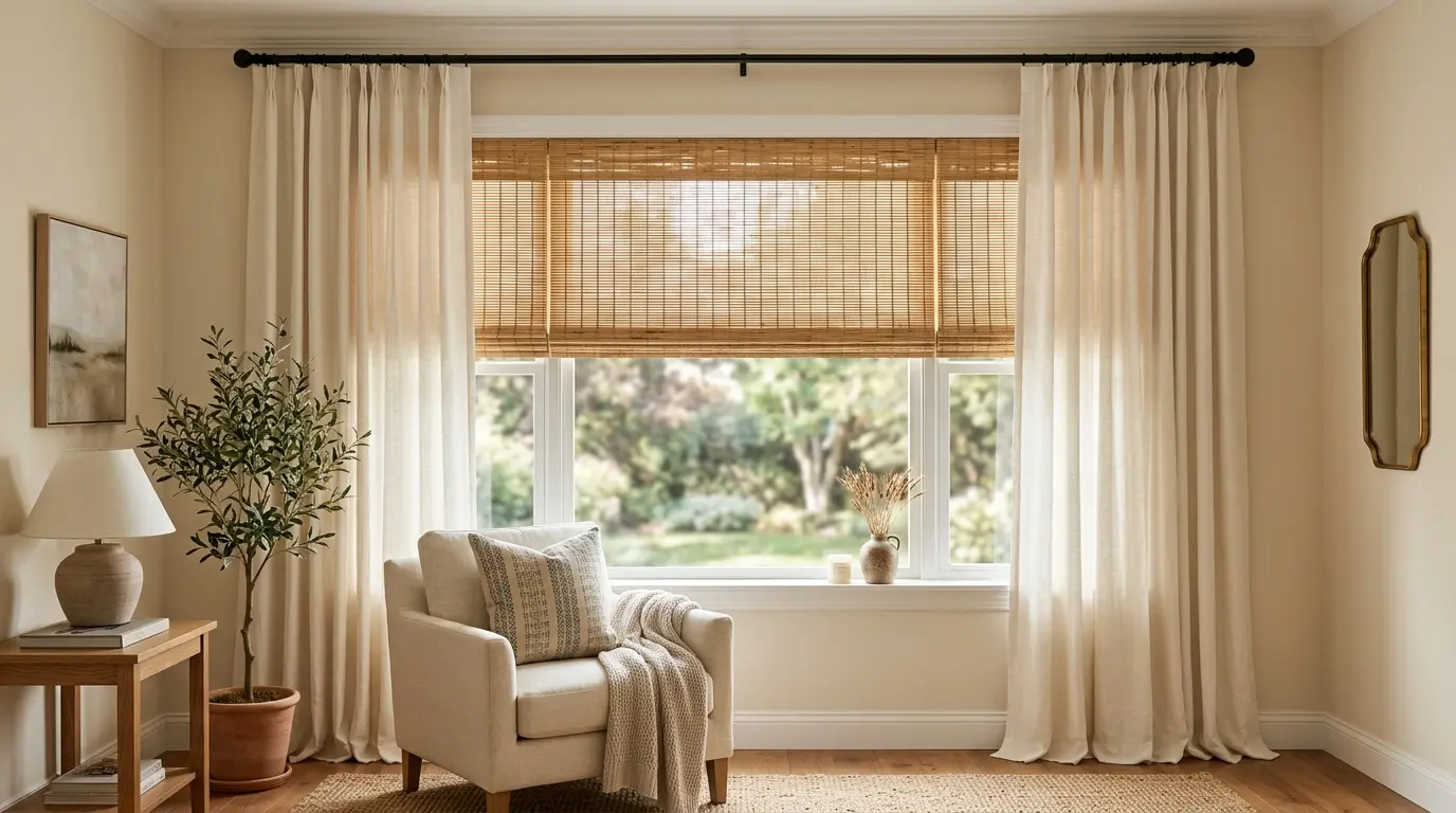 How To Layer Woven Wood Shades and Linen Drapes Like a Designer