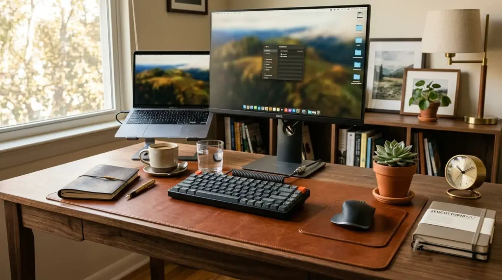 Leather desk mat on desk